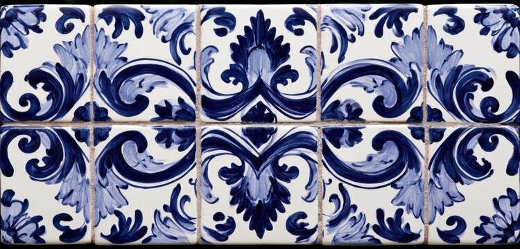 Blue and white ceramic tiles with traditional floral scroll pattern design