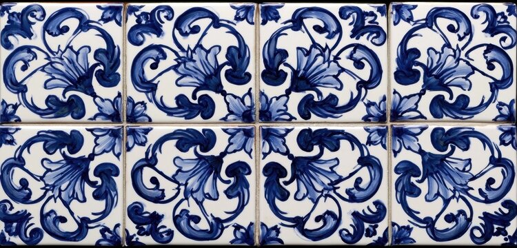 Blue and white ceramic tiles with ornate floral scroll pattern texture