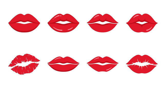 Red female lips with different shapes and lipstick kiss marks