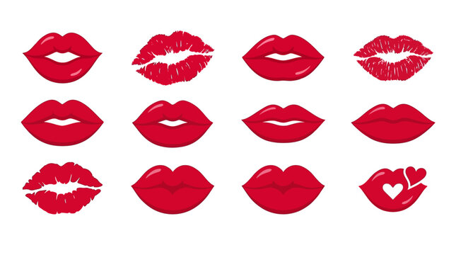 Collection of red female lips and lipstick kiss marks with hearts