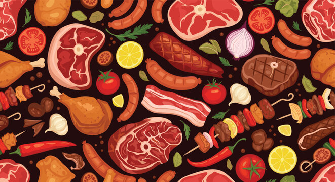 Seamless pattern illustration featuring a variety of grilled meats, steaks, sausages, skewers, and fresh vegetables on a dark background.