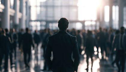 Fototapeta premium Businessman in suit walking through busy office lobby with blurred colleagues in