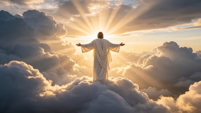 Jesus Christ standing on clouds with open arms and bright sun rays shining behind, divine heavenly atmosphere representing faith, spirituality, resurrection