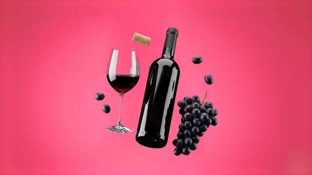 A classic red wine bottle, a poured wine glass, a floating cork, and dark grapes hovering seamlessly over a rich red gradient studio background. This luxurious 3D render is designed for winery marketi