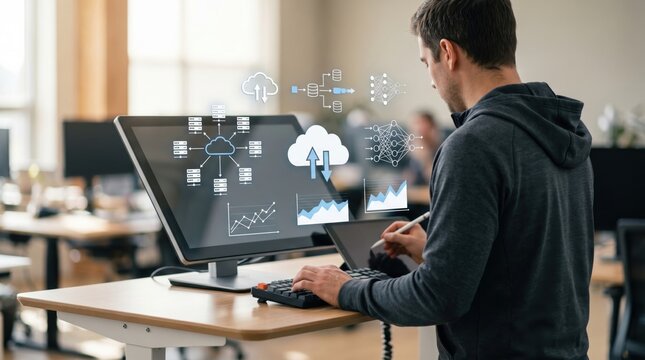 Software developer analyzing cloud computing data, IT specialist working on network infrastructure, big data visualization, tech office environment, coding workstation.