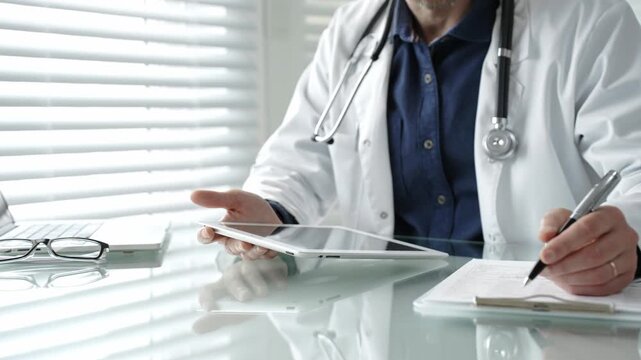 Doctor taking notes on a clipboard and holding a digital tablet, combining traditional paperwork with modern technology in healthcare for patient record management and medical consultation