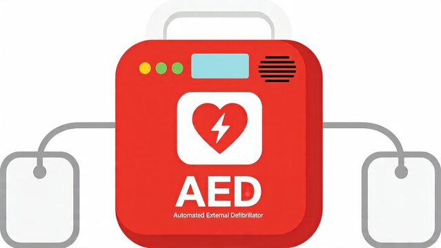 Red automated external defibrillator AED device illustration with heart symbol and lightning bolt, emergency medical equipment for cardiac arrest rescue, first aid kit