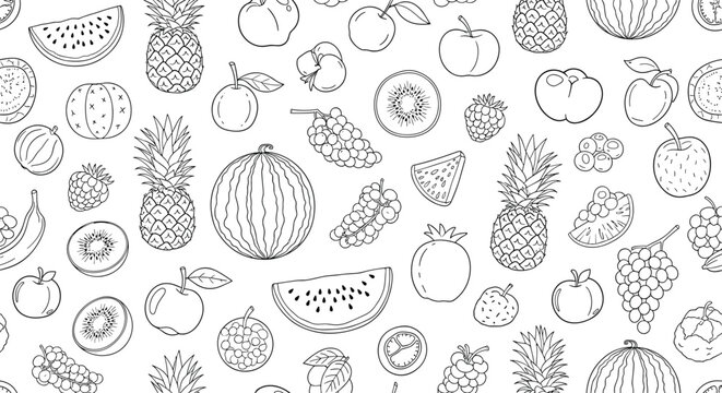 Seamless vector pattern of various hand drawn fruits such as pineapple and watermelon in a simple black and white line art style.
