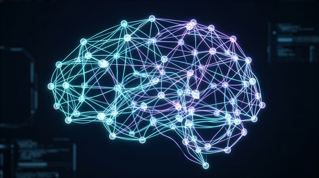 光るノードとネットワークラインで形成された人間の脳の3Dグラフィック。人工知能（AI）やディープラーニング、脳科学、データ解析をイメージした近未来のデジタルテクノロジー背景素材