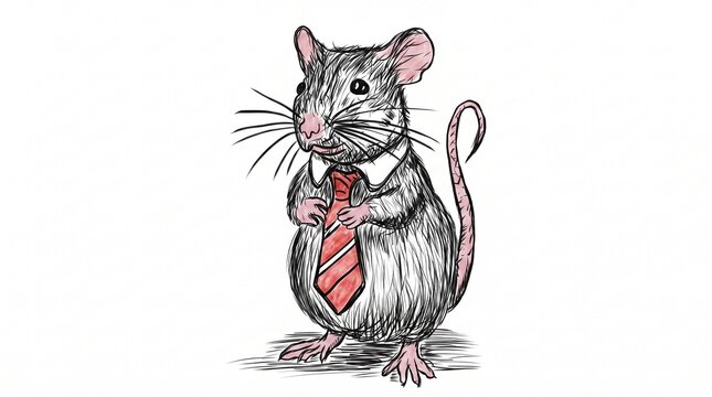 A cartoon mouse in a tie and collar stands on its hind legs indoors.