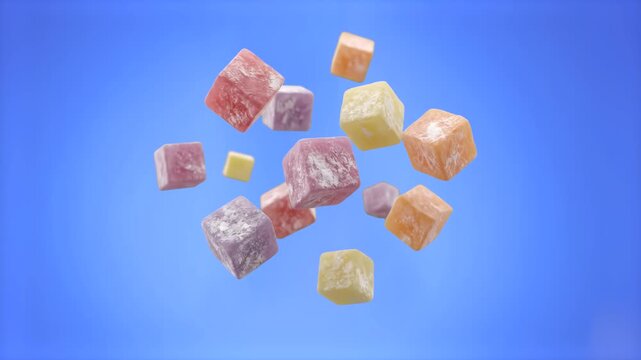 Assorted soft Turkish delight cubes covered in powdered sugar float and rotate against a vibrant blue backdrop. Excellent for dessert advertising, sweet shop promos, culinary motion graphics, and food