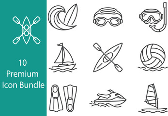 10 Premium Beach Activities Elements, Kayak, Sailboat,  Mask,  and Windsurfing Vector Outline Set © AS EMON 