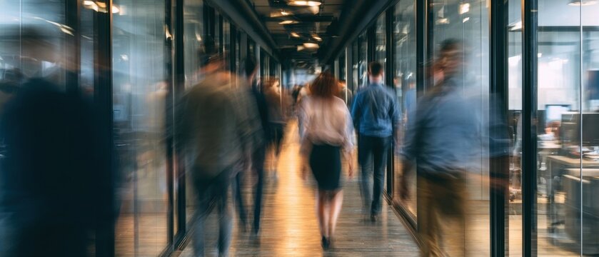 Busy office hallway with blurred figures in motion during workday rush