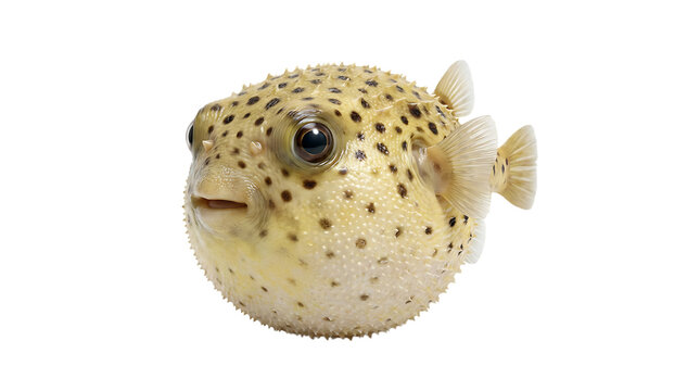 Pufferfish inflated defensive posture underwater sea creature ocean marine life aquatic animal spiny poisonous toxic dangerous marine ecosystem isolated on transparent background.