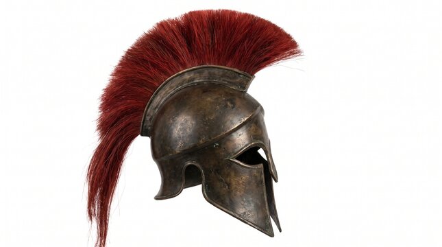 Ancient Greek spartan or Roman gladiator bronze helmet with red crest plume side profile view isolated on white
