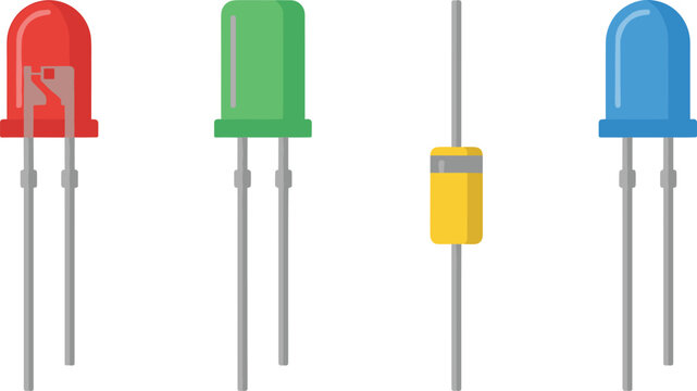 Electronic Component Vector Set with Red Green and Blue Light Emitting Diodes LED and Yellow Semiconductor Diode Symbols for Hardware Engineering