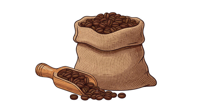 Realistic illustration of a rustic burlap sack overflowing with roasted coffee beans and a wooden scoop on a white background.