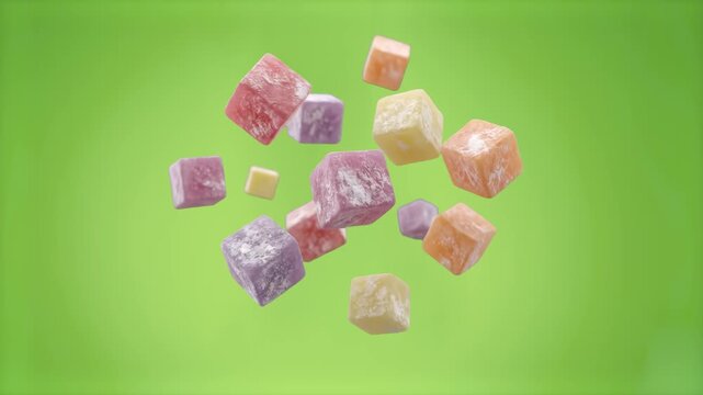A dynamic 3D graphic animation featuring dusting-powdered cubes of traditional Turkish delight (lokum) candy floating and rotating against a solid green screen backdrop. Suitable for international con