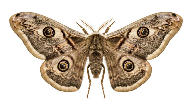Large brown moth with intricate wing patterns and eye spots resting on transparent background an insect specimen for nature study entomology or graphic design elements.
