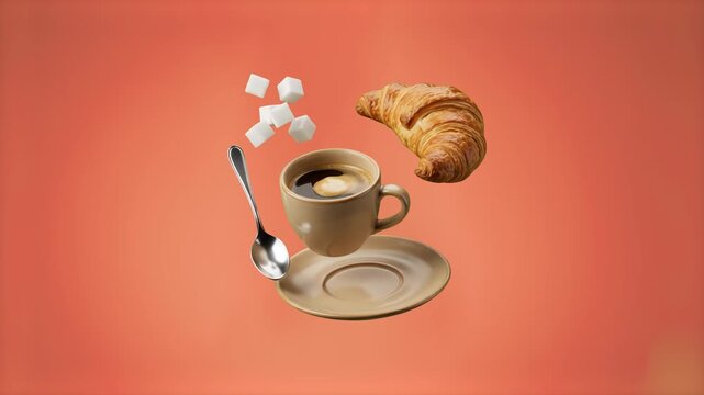 A hot cup of coffee with saucer, spoon, fresh croissant, and sugar cubes float smoothly against a warm orange background. Perfect for breakfast menu design, coffee brand advertising, cafe promos, and 