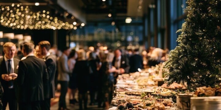 Catering buffet table with food and guests at holiday party