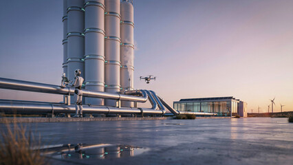 Fototapeta premium Futuristic industrial facility with robot drone and clean energy wind turbines at sunrise.