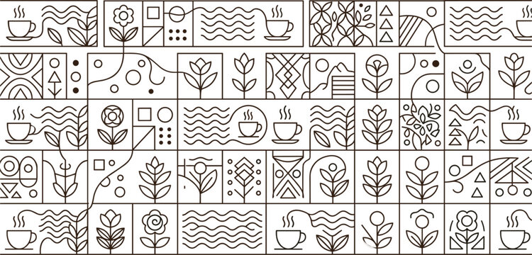 Abstract coffee and nature geometric line art seamless pattern background with cups flowers and leaves vector illustration
