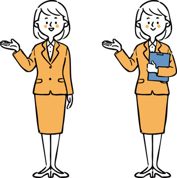 スーツを着た女性社員が案内しているイラスト　全身　ベクター（オレンジ）