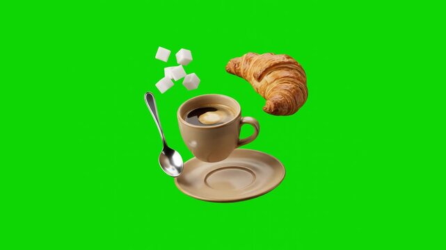 A 3D animated scene of a coffee cup, saucer, metal spoon, sugar cubes, and a croissant floating together against a chroma key green backdrop. This clip is optimized for custom video compositing and re