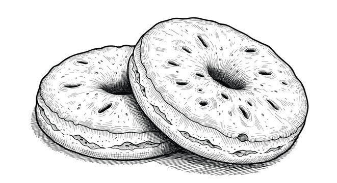 Hand drawn illustration of two delicious round glazed donuts or bagels in a classic vintage sketch and engraving style for bakery menu design.