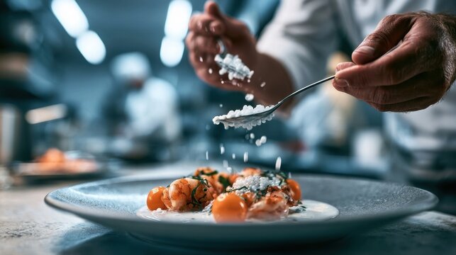 Chef sprinkling coarse salt on plated salmon dish in kitchen
