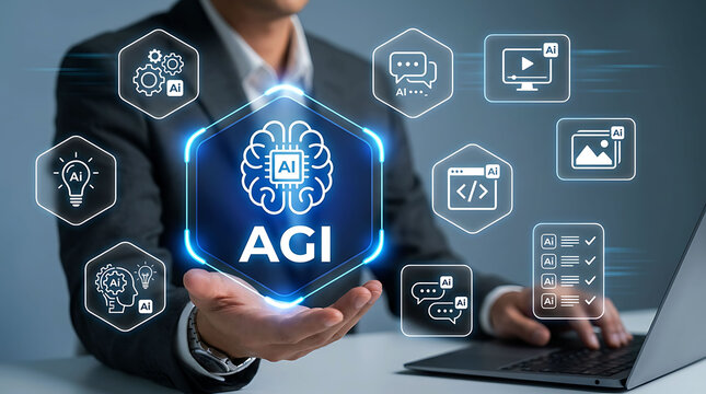 Businessman holding AGI artificial general intelligence virtual interface