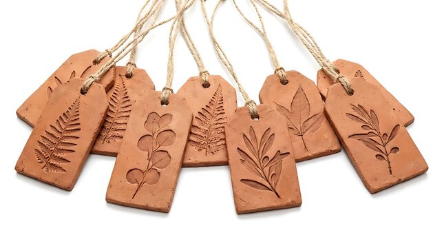 Set of hanging rustic clay gift tags with botanical leaf imprints