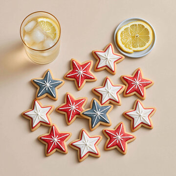 Patriotic Star Cookies and Lemon Drink Flat Lay on Beige Background