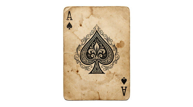 Vintage ace of spades playing card with aged texture and distressed edges, antique gambling artifact symbol for poker and fortune telling, isolated on transparent background.