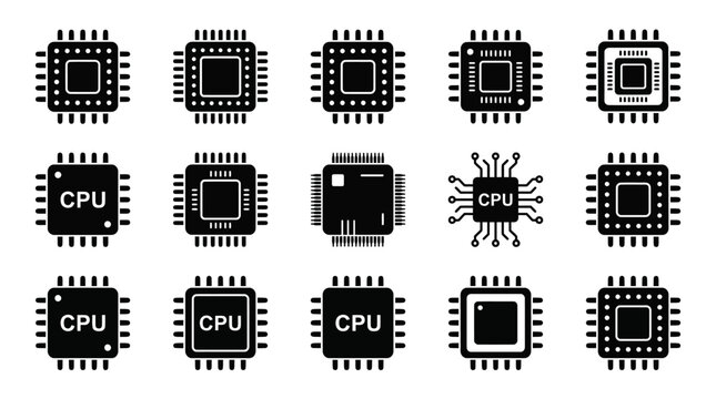 Set of Black Silhouette Icons Representing Various Modern Computer Processor Chips