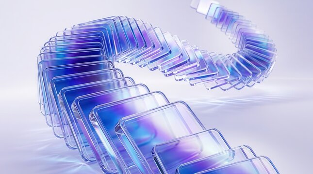 Dynamic 3D illustration featuring holographic glass shapes and transparent gradient waves.