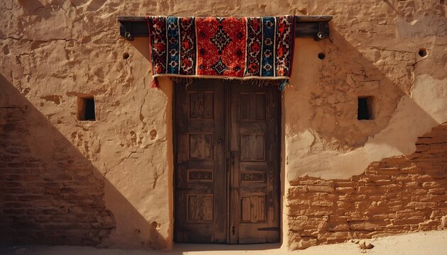 Rustic old wooden double door on a textured mud brick wall with a traditional patterned rug hanging above.