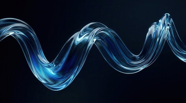 Fluid flow curve shape featuring a transparent glass ribbon and light flare on a neon black background.