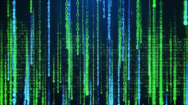 Digital Rain of Binary Code in Green and Blue Against Black