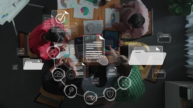 A diverse team gathers around a table for a business planning meeting, utilizing digital tools and icons to enhance workflow and data management in a collaborative workspace. Raster