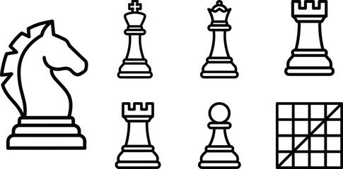Minimalist Chess Piece Line Icon Set with King Queen Knight Rook Pawn and Board Grid Symbols for Board Game Tactics and Strategy Designs © REYAD