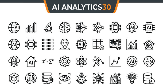 Artificial intelligence analytics line icons set for machine learning data science statistics algorithms and neural network processing