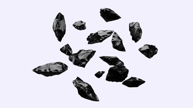 A collection of dark, jagged natural obsidian volcanic glass pieces levitating against a pure white background. This clean 3D animation is suitable for luxury goods, jewelry, geology, or fantasy-theme