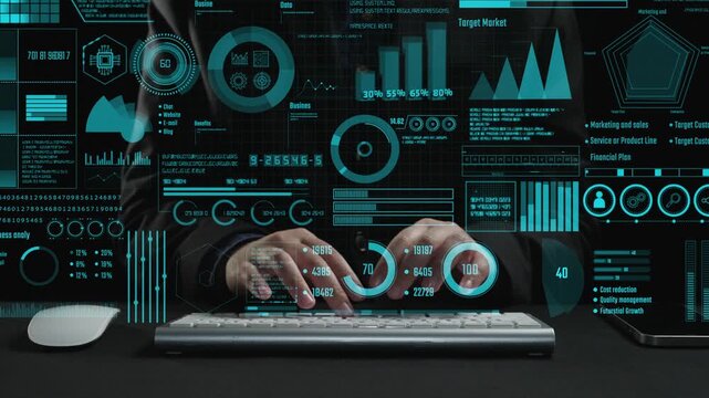 Dynamic image showcasing hands typing on a keyboard with an interactive analytics dashboard displaying business metrics and statistical graphs for data-driven decision-making. Cipher