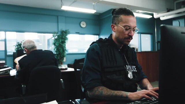 American Justice System Crime and Punishment - Cop doing paperwork in police station