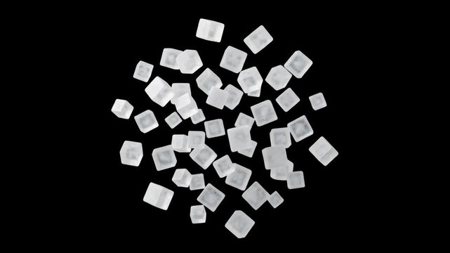 A dynamic 3D animation featuring multiple clear, square salt crystals tumbling through the air against a pure black background. Ideal for kitchen product commercials, scientific mineral structures, an