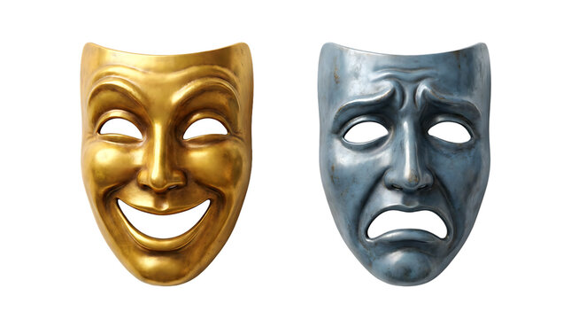 Comedy and tragedy theater masks, gold happy face and blue sad face, classic symbols of drama, performance, and emotion, isolated on transparent background, studio shot.