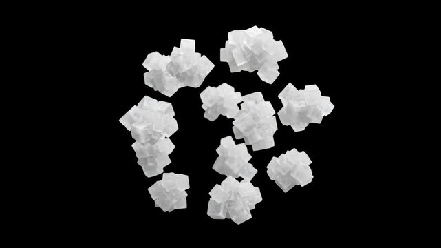 A 3D rendered animation showing large, unrefined white sea salt crystals floating and rotating against a solid black backdrop. Perfect for culinary arts, seasoning advertisements, and food ingredient 