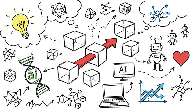 Artificial intelligence concept doodle vector illustration with creative machine learning ideas robots algorithms data structure and technology elements